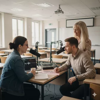 une élève accompagnée d'un journaliste interviewe une enseignante